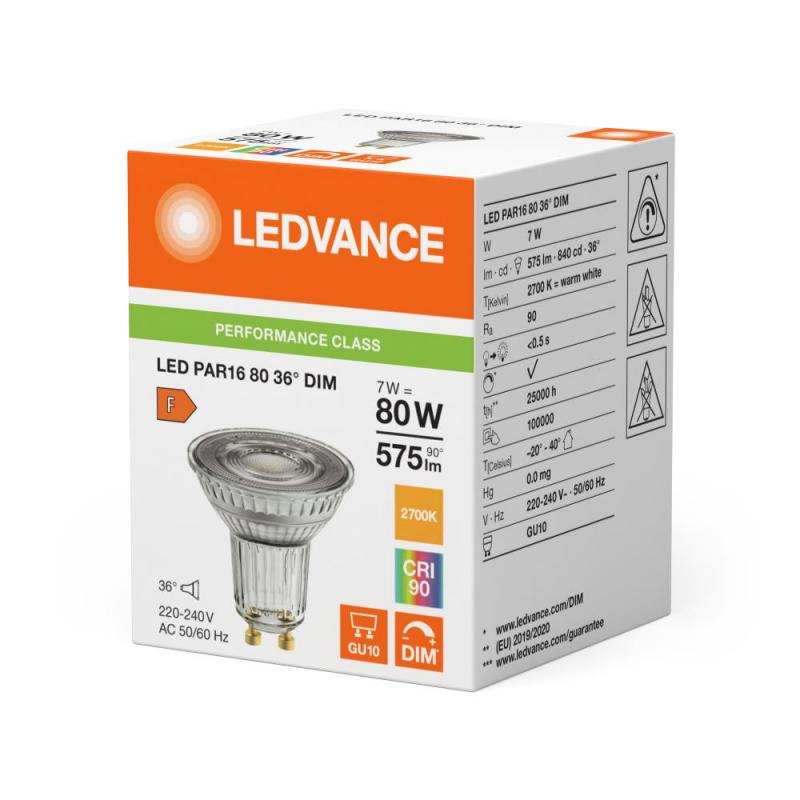 Ledvance GU10 PAR16 Reflektor 36° 7W wie 80W dimmbarer warmweißer Strahler 2700K 90Ra mit hoher Farbwiedergabe